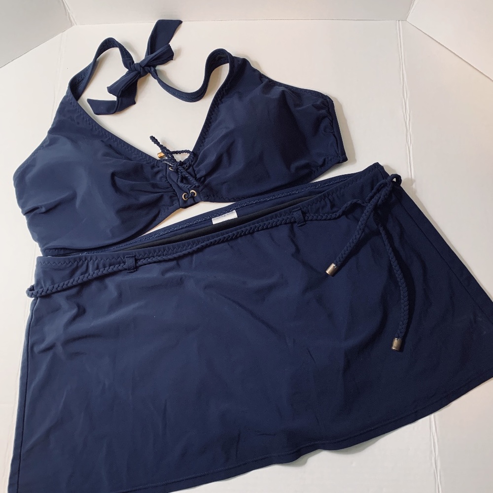 Lands' End Navy Nautical Swimsuit Halter Top Skirt